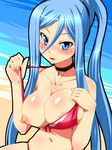  aoki_hagane_no_arpeggio beach bikini blue_eyes blue_hair breast_slip breasts cleavage large_breasts long_hair mole mole_under_mouth nipples nokoppa one_breast_out personification ponytail solo swimsuit takao_(aoki_hagane_no_arpeggio) very_long_hair 