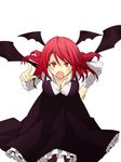  bat_wings black_legwear blush breasts cleavage dig_(digu16) dress fang head_wings highres koakuma large_breasts leaning_forward long_hair looking_at_viewer open_mouth pointing pointing_at_viewer red_eyes red_hair simple_background solo thighhighs touhou white_background wings 