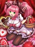  breasts green_eyes harp harp_of_aengus_(weapon_girls) heart instrument large_breasts looking_at_viewer open_mouth pink_hair ribbon ribbon-trimmed_clothes ribbon_trim twintails valentine weapon_girls yapo_(croquis_side) 