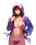  bikini breasts cleavage dead_or_alive dead_or_alive_5 hood hoodie large_breasts looking_at_viewer mila_(dead_or_alive) mila_(doa) pixiv_manga_sample red_hair simple_background solo spaniard swimsuit take_no_ko_(dodon) tecmo wet white_background yuumikouki 