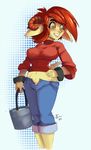  amber_eyes big_breasts blush bracelet breasts bucket caprine clothed clothing female freckles fur goat hair horn jewelry looking_back mammal midriff nails navel nerdbayne open_fly open_pants pants red_hair shirt short_hair smile solo standing sweater teeth yellow_fur 