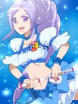  aono_miki berry_sword blue_background blue_choker blue_skirt breasts choker cure_berry drill_hair earrings eyelashes fresh_precure! frilled_skirt frills hair_ornament hairband happy jewelry long_hair looking_at_viewer magical_girl midriff navel open_mouth ponytail precure puffy_sleeves purple_eyes purple_hair ribbon shirt side_ponytail skirt small_breasts smile solo tj-type1 wrist_cuffs 