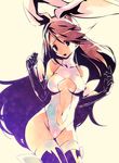  agnes_oblige animal_ears bare_shoulders black_gloves bravely_default:_flying_fairy bravely_default_(series) breasts brown_hair bunny_ears center_opening cleavage_cutout elbow_gloves fake_animal_ears gloves hirano_katsuyuki large_breasts long_hair navel navel_cutout open_mouth solo thighhighs very_long_hair 
