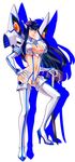  anz black_hair blue_eyes boots breasts cleavage cleavage_cutout high_heels highres junketsu kill_la_kill kiryuuin_satsuki large_breasts long_hair navel revealing_clothes solo sword thigh_boots thighhighs weapon 