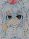  animal_ears blush breasts close-up colored_pencil_(medium) detached_sleeves face fang hat highres inubashiri_momiji kitazinger large_breasts looking_at_viewer short_hair solo tokin_hat touhou traditional_media white_hair wolf_ears 