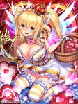  blonde_hair bow bowtie breasts cleavage crown harp harp_of_aengus_(weapon_girls) heart heart-shaped_pupils instrument large_breasts looking_at_viewer open_mouth ribbon-trimmed_clothes ribbon-trimmed_legwear ribbon_trim solo symbol-shaped_pupils twintails valentine weapon_girls wings yapo_(croquis_side) 