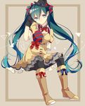  bad_id bad_pixiv_id belt blue_eyes boots bow ennui_heiwa_miku gloves green_hair hair_ribbon hat hatsune_miku highres hukikojyakku knee_boots long_hair pantyhose ribbon sitting solo twintails very_long_hair vocaloid 