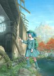  autumn_leaves backpack bag blue_eyes blue_hair boots clock expressionless grandfather_clock grass hair_bobbles hair_ornament hat highres kawashiro_nitori key leaf long_sleeves mountain pochi_(poti1990) rock rubber_boots ruins scenery short_hair skirt skirt_hold skirt_set solo stream touhou tree two_side_up water water_wheel wet wet_clothes youkai_mountain 