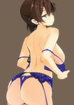  ass bare_shoulders blue_bra blue_panties blush blush_stickers bra bra_pull breasts brown_hair garter_belt grey_background highres iwasaki_takashi jitome kaga_(kantai_collection) kantai_collection lace lace-trimmed_bra lace_panties large_breasts lingerie long_hair md5_mismatch off_shoulder open_bra open_mouth panties shiny shiny_skin short_hair sideboob simple_background skindentation solo strap_slip thong underwear underwear_only undressing yellow_eyes 