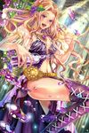  :d armpits babydoll bad_id bad_pixiv_id bare_shoulders belt blonde_hair boots breasts brooch cleavage food fruit gem grapes gunshin_shoukan_ark_knights jewelry light_rays long_hair looking_at_viewer medium_breasts midriff navel necklace open_mouth original pillar purple_eyes see-through smile solo stitches stomach sunlight sweetwitch thigh_boots thighhighs water_drop 