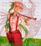  alternate_hairstyle androgynous bird copyright_name fujiwara_no_mokou hair_ribbon hand_in_pocket imperishable_night kiseru long_hair looking_at_viewer momijigari pipe ponytail red_eyes ribbon smile solo suspenders touhou white_hair 