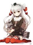  amatsukaze_(kantai_collection) brown_eyes dress garter_straps gloves kantai_collection long_hair looking_at_viewer midori_(rimaru) rensouhou-kun sailor_dress short_dress silver_hair single_glove solo striped striped_legwear thighhighs two_side_up white_background zettai_ryouiki 