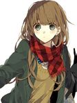  bangs blush brown_hair cardigan green_eyes jacket long_hair open_clothes open_jacket original plaid plaid_scarf scarf solo swept_bangs wonoco0916 