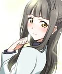  blush from_behind grey_hair ikari_manatsu long_hair looking_at_viewer looking_back love_live! love_live!_school_idol_project minami_kotori's_mother simple_background smile solo white_background yellow_eyes 