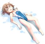  alternate_costume brown_eyes brown_hair competition_swimsuit folded_ponytail gurande_(g-size) inazuma_(kantai_collection) kantai_collection long_hair looking_at_viewer lying one-piece_swimsuit puddle solo swimsuit white_background 