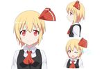  :d ascot blonde_hair blush cato_(monocatienus) collared_shirt dot_pupils from_side hair_ribbon long_sleeves looking_at_viewer one_eye_closed open_mouth red_eyes ribbon rumia shirt short_hair simple_background smile star touhou upper_body white_background 