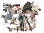  ahoge bare_shoulders boots brown_hair buizel crossover detached_sleeves double_bun floatzel furret gen_1_pokemon gen_2_pokemon gen_4_pokemon gen_5_pokemon hairband hiei_(kantai_collection) japanese_clothes kangaskhan kantai_collection kongou_(kantai_collection) long_hair multiple_girls open_mouth plaid poke_ball pokemon pokemon_(creature) short_hair siirakannu skirt smile stoutland tauros thigh_boots thighhighs 