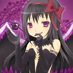  akemi_homura akuma_homura bags_under_eyes bare_shoulders black_gloves black_hair black_wings bow choker dark_orb_(madoka_magica) dress elbow_gloves feathered_wings gloves hair_bow hand_to_own_mouth kanaco long_hair looking_at_viewer mahou_shoujo_madoka_magica mahou_shoujo_madoka_magica_movie open_mouth purple_eyes smile solo spoilers wings 