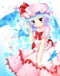  bat_wings blue_hair blush bow floral_background gradient gradient_background hand_in_hair hat hat_ribbon layered_skirt looking_at_viewer mob_cap parted_lips petals red_eyes remilia_scarlet ribbon short_hair short_sleeves skirt skirt_set solo touhou umi_suzume wings 