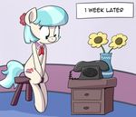  blue_eyes blue_hair coco_pommel_(mlp) cutie_mark english_text equine eyelashes female feral flower friendship_is_magic hair happy horse inside mammal my_little_pony phone pony sitting smile solo stool text two_tone_hair whatsapokemon 