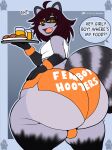  absurd_res anthro big_butt bottomwear brown_hair bulge butt clothing english_text exclamation_point femboy_hooters food gloves_(marking) grey_body hair half-closed_eyes hi_res holding_tray huge_butt huge_hips huge_thighs inuzu looking_back male mammal markings mug narrowed_eyes open_mouth plate procyonid question_mark raccoon shirt shorts solo speech_bubble tank_top text text_on_bottomwear text_on_clothing text_on_shorts thick_thighs topwear tray wide_hips yellow_eyes 