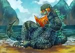  blush godzilla godzilla_(series) haychel kaiju parody reading reptile romance_novel scalie sea seaside sitting water 