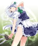  apron arched_back bad_id bad_pixiv_id between_fingers blue_dress braid dress grey_eyes izayoi_sakuya knife looking_at_viewer maid maid_headdress nagijin puffy_short_sleeves puffy_sleeves shirt short_sleeves silver_hair solo thigh_strap touhou twin_braids waist_apron 