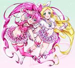  absurdres blonde_hair blue_eyes boots bow choker cure_melody cure_rhythm frills green_eyes heart highres houjou_hibiki jewelry long_hair magical_girl midriff minamino_kanade multiple_girls navel niko_(tama) pink_bow pink_choker pink_hair precure ribbon skirt smile suite_precure thighhighs twintails white_choker 