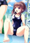  barefoot blue_sky breasts brown_hair cleavage cloud collarbone day feet fence medium_breasts multiple_girls noe_noel one-piece_swimsuit original plant ponytail pool purple_eyes school_swimsuit shiny shiny_clothes sitting sky solo_focus spread_legs swimsuit vines wet 