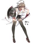  ahoge bare_shoulders boots brown_hair double_bun hairband japanese_clothes kantai_collection kongou_(kantai_collection) legs long_hair long_legs poke_ball pokemon ribbon-trimmed_sleeves ribbon_trim seamed_legwear side-seamed_legwear siirakannu skirt smile solo thigh_boots thighhighs thighs 