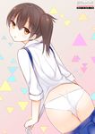  2014 ass brown_hair dated japanese_clothes kaga_(kantai_collection) kantai_collection looking_at_viewer looking_back panties partially_undressed short_hair side_ponytail signature skirt skirt_pull solo twitter_username underwear white_panties yadapot 