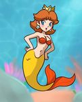  blush breasts brown_hair cleavage clothed clothing crown ear_piercing female fish_tail hair lips mario_bros mermaid mythology nintendo no_feet piercing princess_daisy royalty solo underwater video_games water 