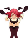  bat_wings black_bra black_legwear black_panties blush bra breasts cleavage dig_(digu16) fang full-face_blush garter_straps head_wings highres koakuma large_breasts leaning_forward lingerie long_hair looking_at_viewer open_mouth panties pointing pointing_at_viewer red_eyes red_hair simple_background solo thighhighs touhou underwear underwear_only white_background wings 