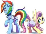  blue_eyes blue_fur blush boxers briefs butt clothing colored cutie_mark duo equine female feral fluttershy_(mlp) friendship_is_magic fur hair mammal multi-colored_hair my_little_pony pants pegasus pink_hair plain_background presenting presenting_hindquarters rainbow_dash_(mlp) rainbow_hair standing stoic5 underwear white_background wings yellow_fur 