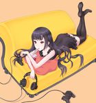  black_dress black_hair black_legwear breasts controller couch dress game_console game_controller headphones kazuoki long_hair lying medium_breasts mouth_hold on_stomach original playstation_3 purple_eyes solo thighhighs 