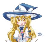  blonde_hair blush bow braid dated futami_yayoi hair_bow hat hat_ribbon heart kirisame_marisa long_hair looking_at_viewer open_mouth puffy_short_sleeves puffy_sleeves ribbon short_sleeves simple_background single_braid solo touhou upper_body vest white_background witch_hat wrist_cuffs yellow_eyes 