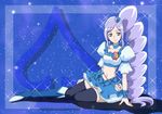  aono_miki blue_background blue_choker blue_footwear blue_legwear blue_skirt boots choker cure_berry drill_hair earrings eyelashes fresh_precure! frilled_skirt frills hair_ornament hairband happy heart heart_hair_ornament jewelry knee_boots long_hair looking_at_viewer magical_girl midriff moritakusan navel ponytail precure puffy_sleeves purple_eyes purple_hair shirt side_ponytail sitting skirt smile solo thighhighs thighs wrist_cuffs zettai_ryouiki 