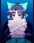  black_hair bow frilled_shirt frills hair_bow karasuma_amiru long_hair pillow pillow_hug red_eyes reiuji_utsuho shirt skirt solo touhou wings 