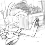  anthro balls beverage black_and_white cum cum_on_chin cum_on_face cum_on_stomach dumpster eyes_closed jerseydevil lagomorph male mammal max_(sam_and_max) monochrome penis rabbit sam_and_max smile solo 