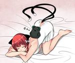  all_fours animal_ears aoshima bow braid breasts cat_ears cat_tail closed_eyes commentary_request crossed_arms hair_bow highres kaenbyou_rin medium_breasts multiple_tails nekomata nightgown red_hair reiuji_utsuho reiuji_utsuho_(bird) sleeping tail touhou twin_braids zzz 