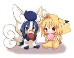  ahoge arcueid_brunestud blonde_hair blue_eyes blue_hair chibi ciel cosplay eating food fruit gen_1_pokemon gen_6_pokemon glasses meowstic meowstic_(cosplay) multiple_girls peach pikachu pikachu_(cosplay) pikakoya pokemon red_eyes sitting tsukihime 