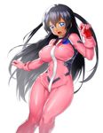  black_hair blue_eyes blush bodysuit breasts captain_earth covered_nipples dark_skin large_breasts long_hair mutou_hana onsoku_maru open_mouth pink_bodysuit simple_background smile solo two_side_up white_background 