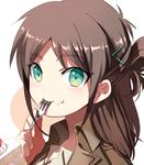  blush brown_hair cake cream cream_on_face eren_yeager food food_on_face fork genderswap genderswap_(mtf) green_eyes hair_ornament hairclip long_hair shingeki_no_kyojin solo tachibana_amane_(amane01a) 