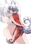  ahoge animal_ears arms_behind_back blush breasts chinese_clothes highres inubashiri_momiji kouno_ibuki looking_at_viewer looking_back medium_breasts open_mouth panties red_eyes short_hair side-tie_panties silver_hair simple_background solo tail touhou underwear white_background white_panties wolf_ears wolf_tail zoom_layer 