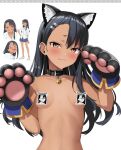  1girl animal_collar animal_ears animal_hands asymmetrical_bangs bangs bell blush breasts brown_eyes cat_ears censored censored_nipples collar commentary completely_nude dark_skin earclip english_commentary fake_animal_ears fang gloves hair_ornament hairclip highres hiroki_(hirokiart) ijiranaide_nagatoro-san long_hair looking_at_viewer nagatoro_hayase neck_bell nude simple_background skin_fang small_breasts solo tan upper_body white_background 