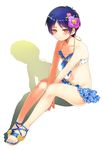  ball beachball bikini blue_bikini blue_hair blush eren_yeager flower genderswap genderswap_(mtf) hair_flower hair_ornament highres polka_dot polka_dot_swimsuit red_eyes sandals shingeki_no_kyojin short_hair sitting smile solo swimsuit tachibana_amane_(amane01a) 