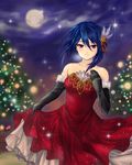  bad_id bad_pixiv_id black_gloves blue_hair blush breasts christmas_tree dress elbow_gloves full_moon girlfriend_(kari) gloves hibara_eiko highres looking_at_viewer medium_breasts miyatomo_(hibaraya) moon night red_dress smile solo 