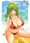  bikini breasts green_hair highres large_breasts long_hair navel orange_eyes original sitting solo swimsuit tsuutenkaaku 