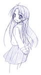  arms_behind_back koshigaya_komari long_hair looking_back monochrome non_non_biyori simple_background sketch skirt smile solo torii_(kedamatori) white_background 