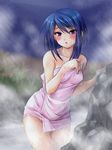  bad_id bad_pixiv_id blue_hair blush breasts girlfriend_(kari) hibara_eiko looking_at_viewer medium_breasts miyatomo_(hibaraya) naked_towel purple_eyes short_hair solo steam towel wet 